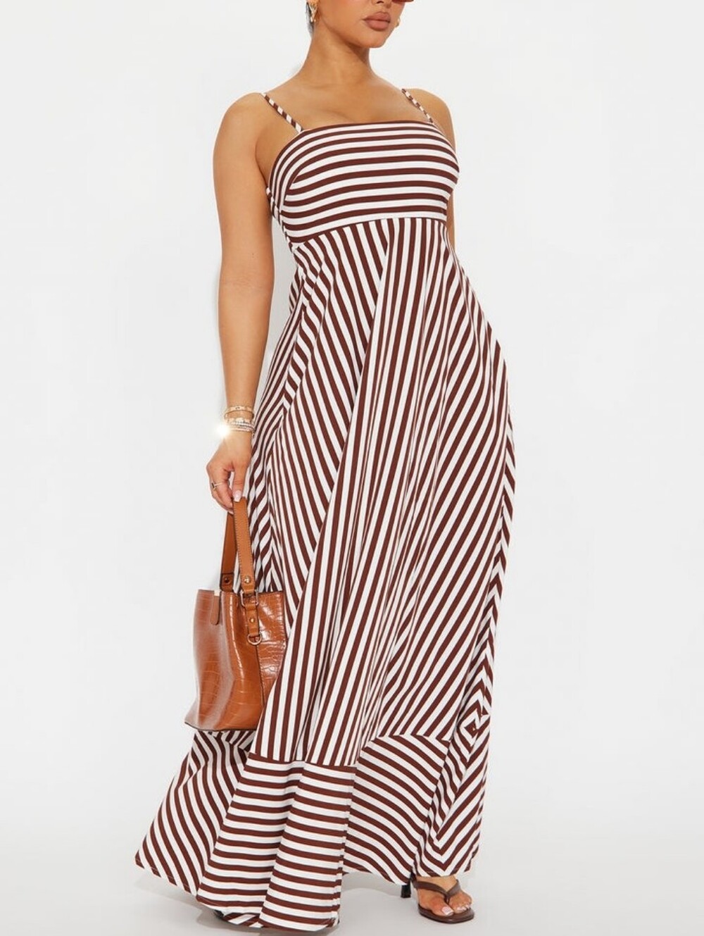 Striped Brown & White Maxi Dress with Spaghetti Straps